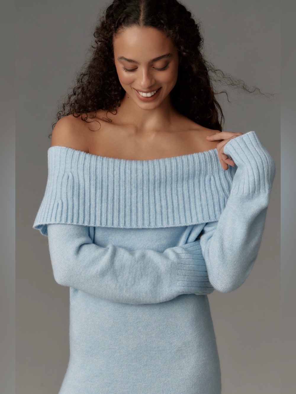 Daily Practice Off-Shoulder Light Blue Ribbed Knit Sweater Dress - Picture 3 of 7